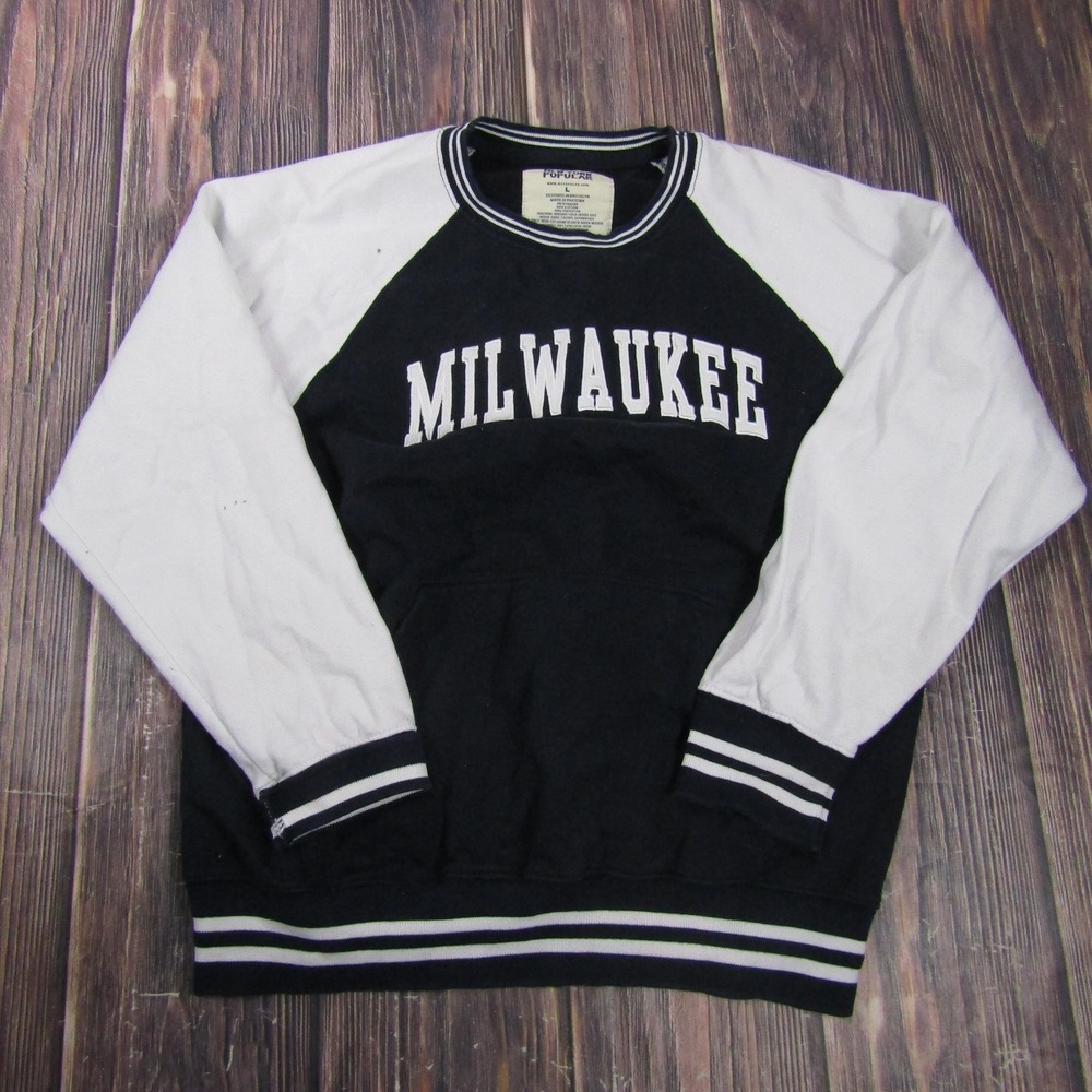 New York Popular Sweatshirt Mens L Black Milwaukee Graphic Fleece Pullover